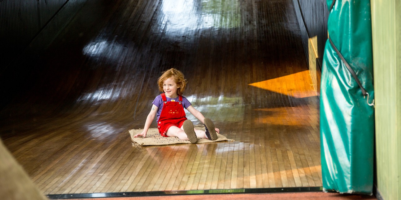 Down the wood slide at Smith Playground