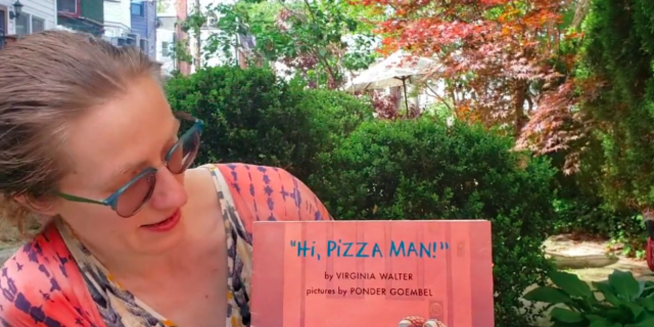 Julie and book, "Hi Pizza Man"